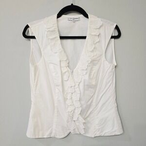 Anne Fontaine Paris White Cotton Sleeveless Eyelet Lace Ruffle Zip Top Size 4